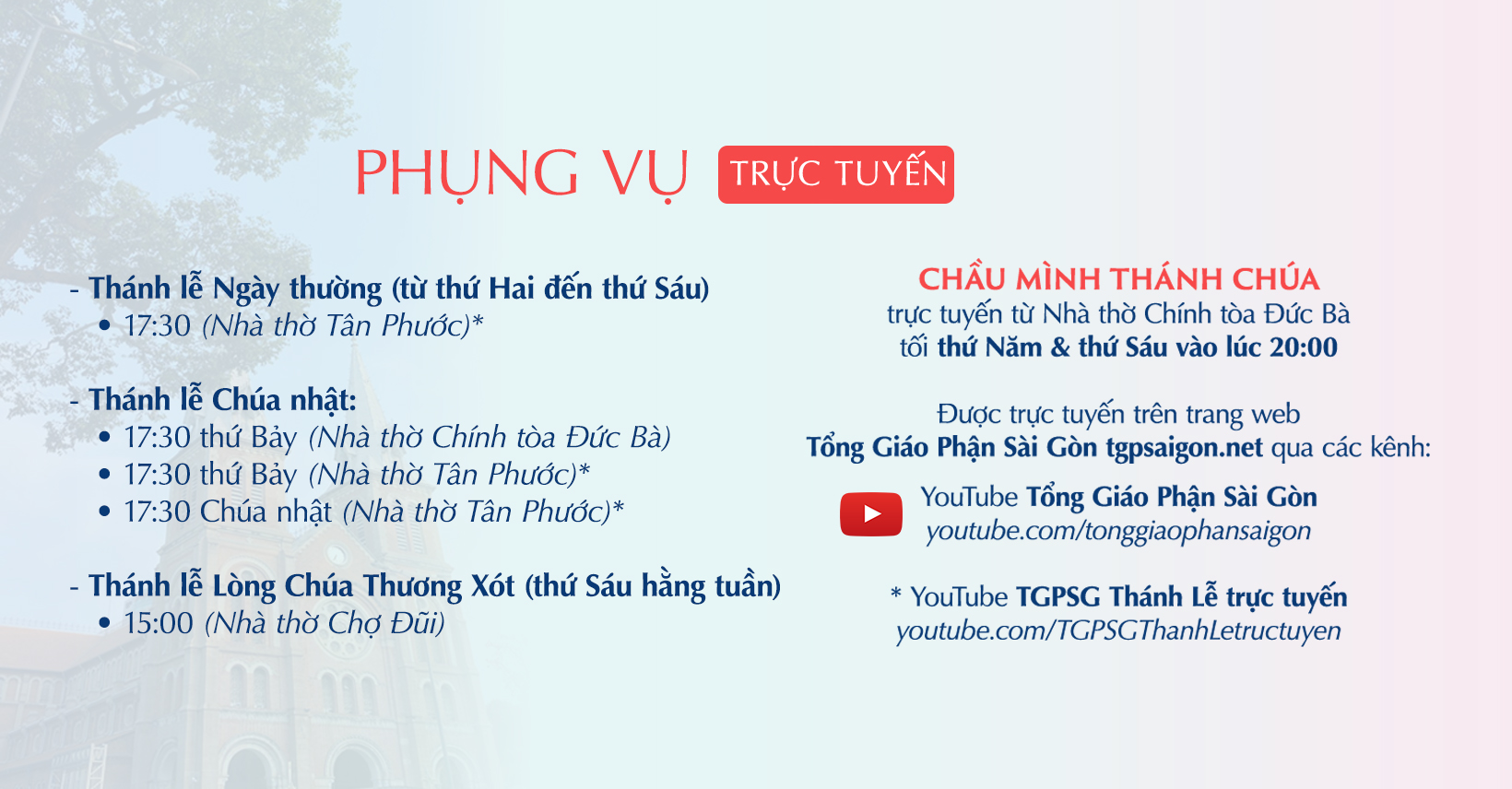 Tổng Giáo phận Sài Gòn: Phụng vụ trực tuyến từ 03-10-2020 đến 09-10-2020