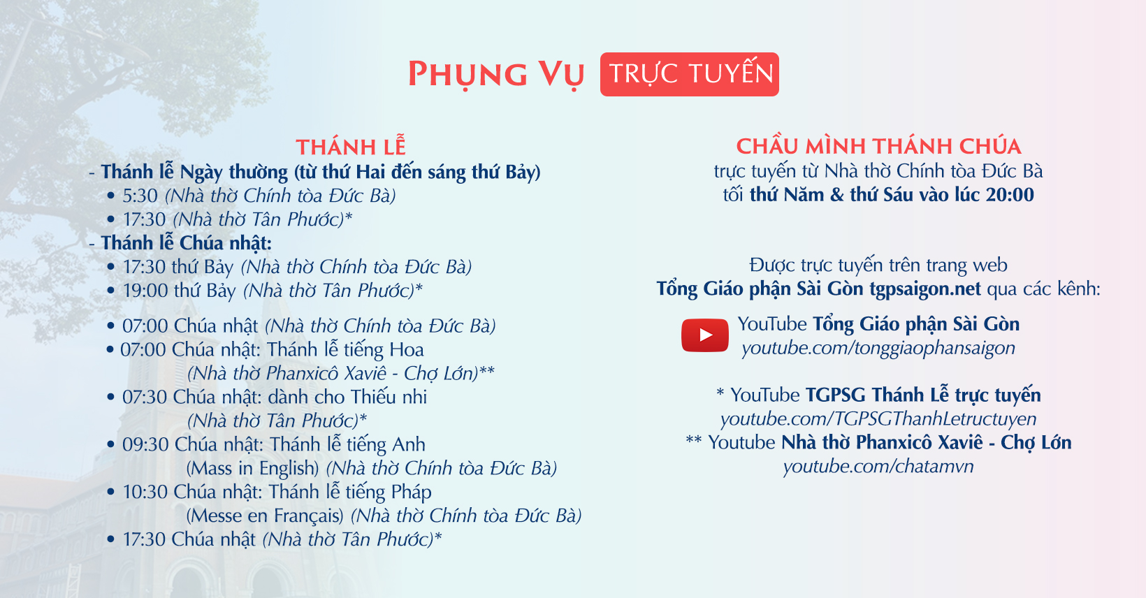 Tổng Giáo phận Sài Gòn: Phụng vụ trực tuyến từ 8-8-2020 đến 15-8-2020