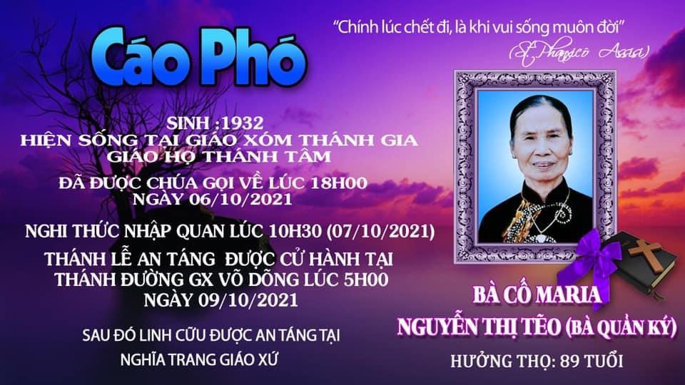 Cáo phó: bà cố Maria - thân mẫu Lm Phụ tá Giáo xứ Tam Hà - qua đời ngày 6-10-2021