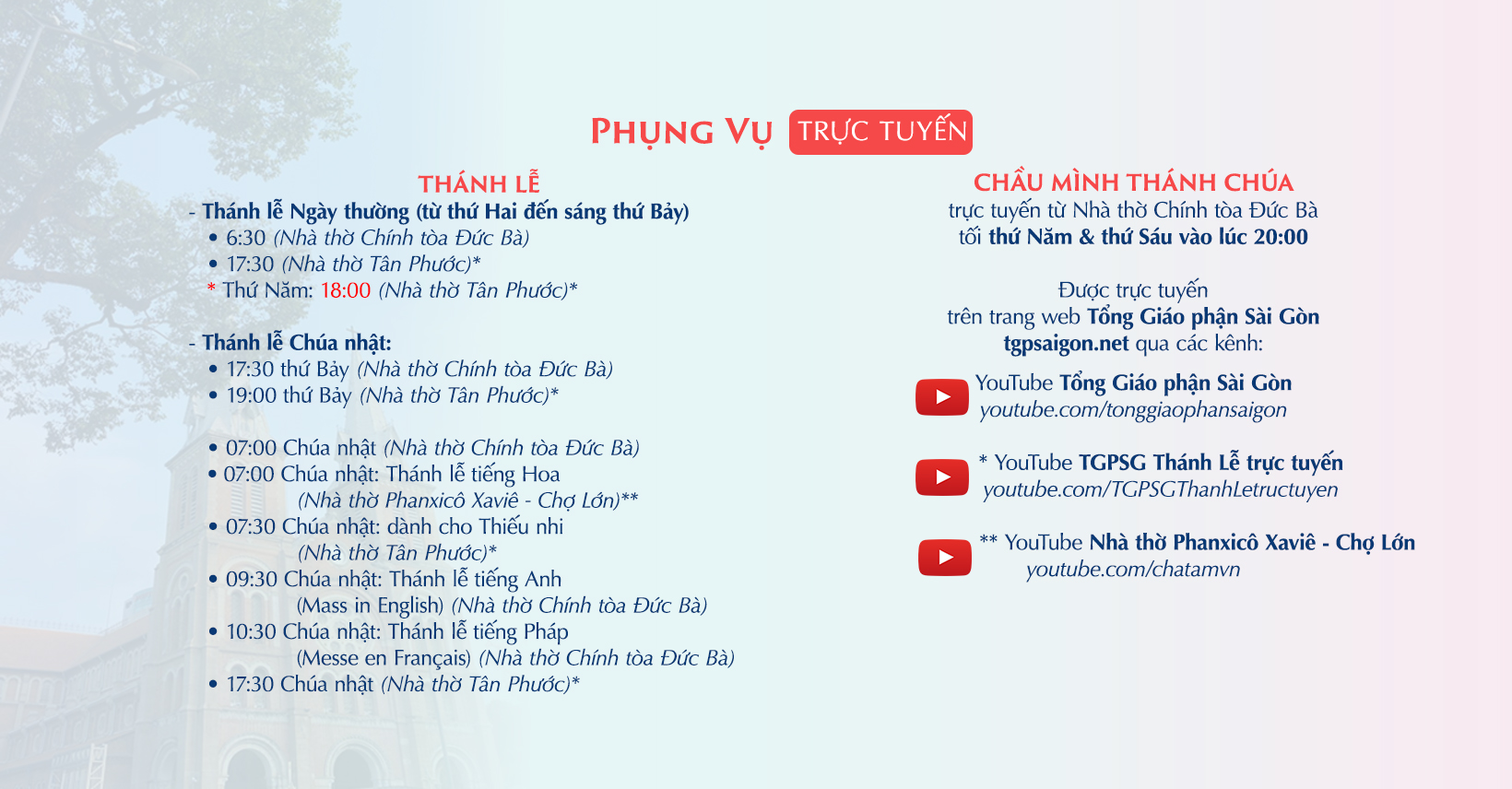 Tổng Giáo phận Sài Gòn: Phụng vụ trực tuyến từ 2-8-2021 đến 7-8-2021