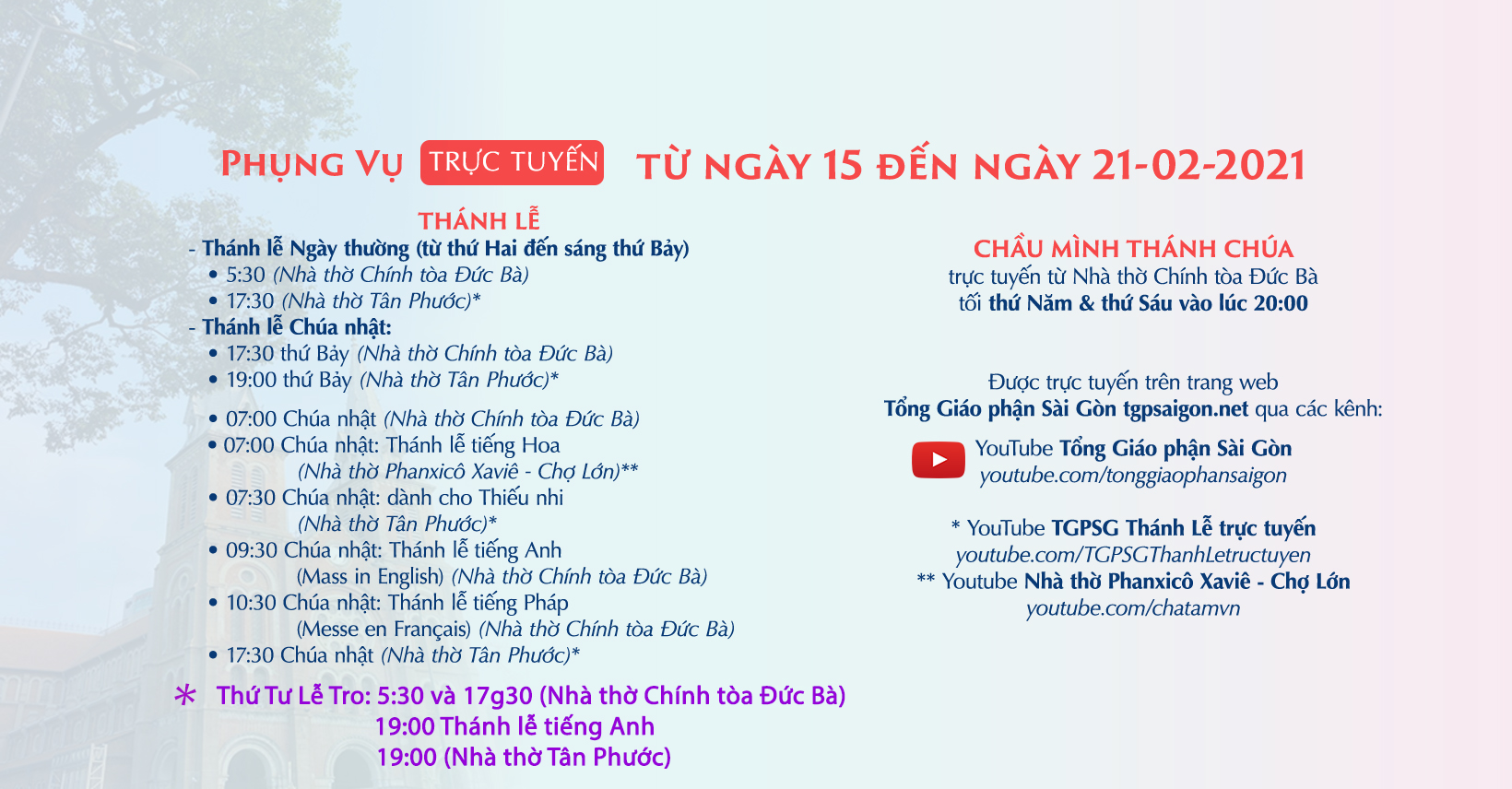 Tổng Giáo phận Sài Gòn: Phụng vụ trực tuyến từ 15-2-2021 đến 21-2-2021