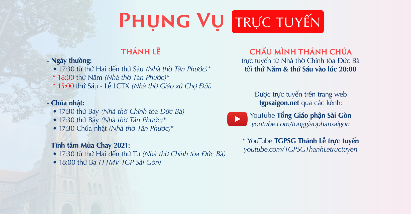 Tổng Giáo phận Sài Gòn: Phụng vụ trực tuyến từ 22-3-2021 đến 28-3-2021