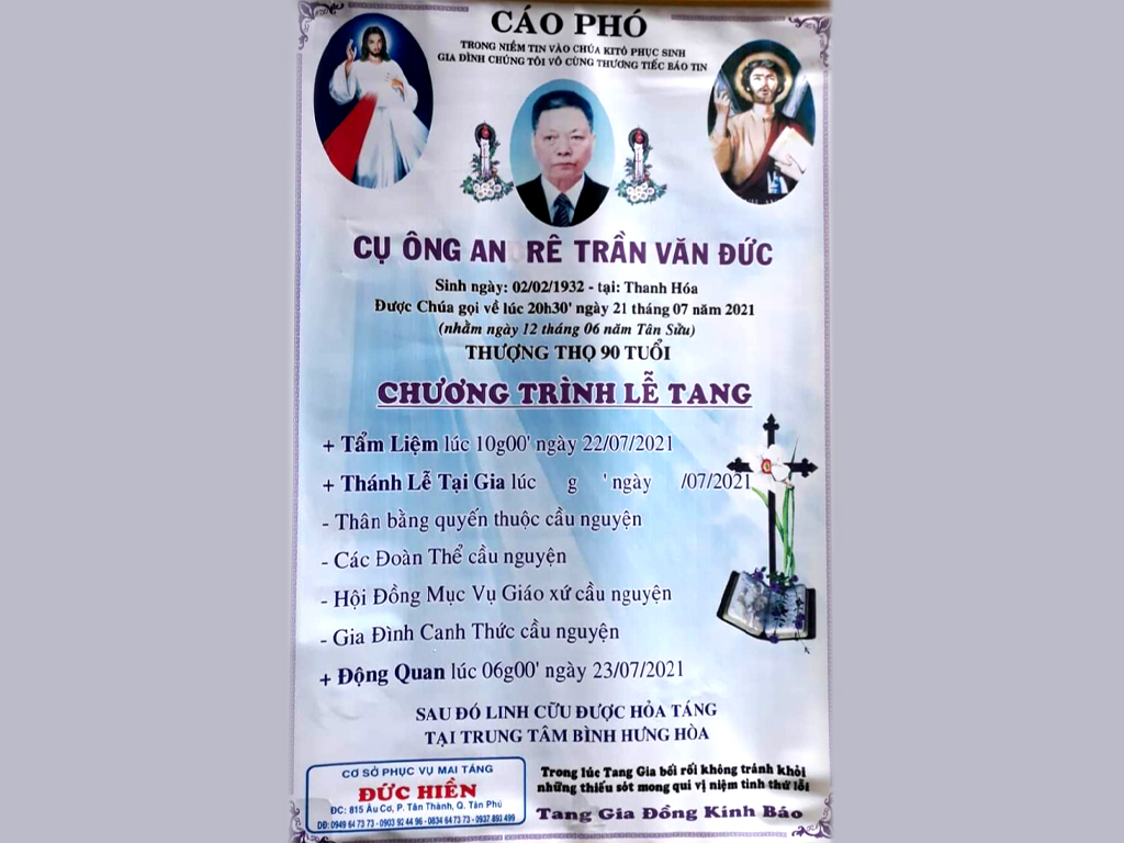 Cáo phó: thân phụ linh mục Trần Minh Thông qua đời 21-7-2021, lễ tại gia 5g thứ Sáu 23-7-2021