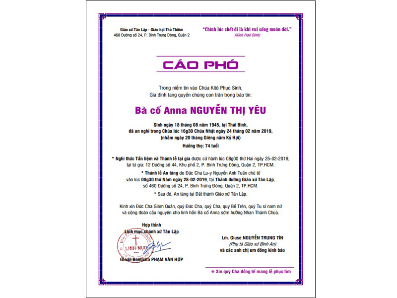 Cáo phó: Bà cố Anna Nguyễn Thị Yêu