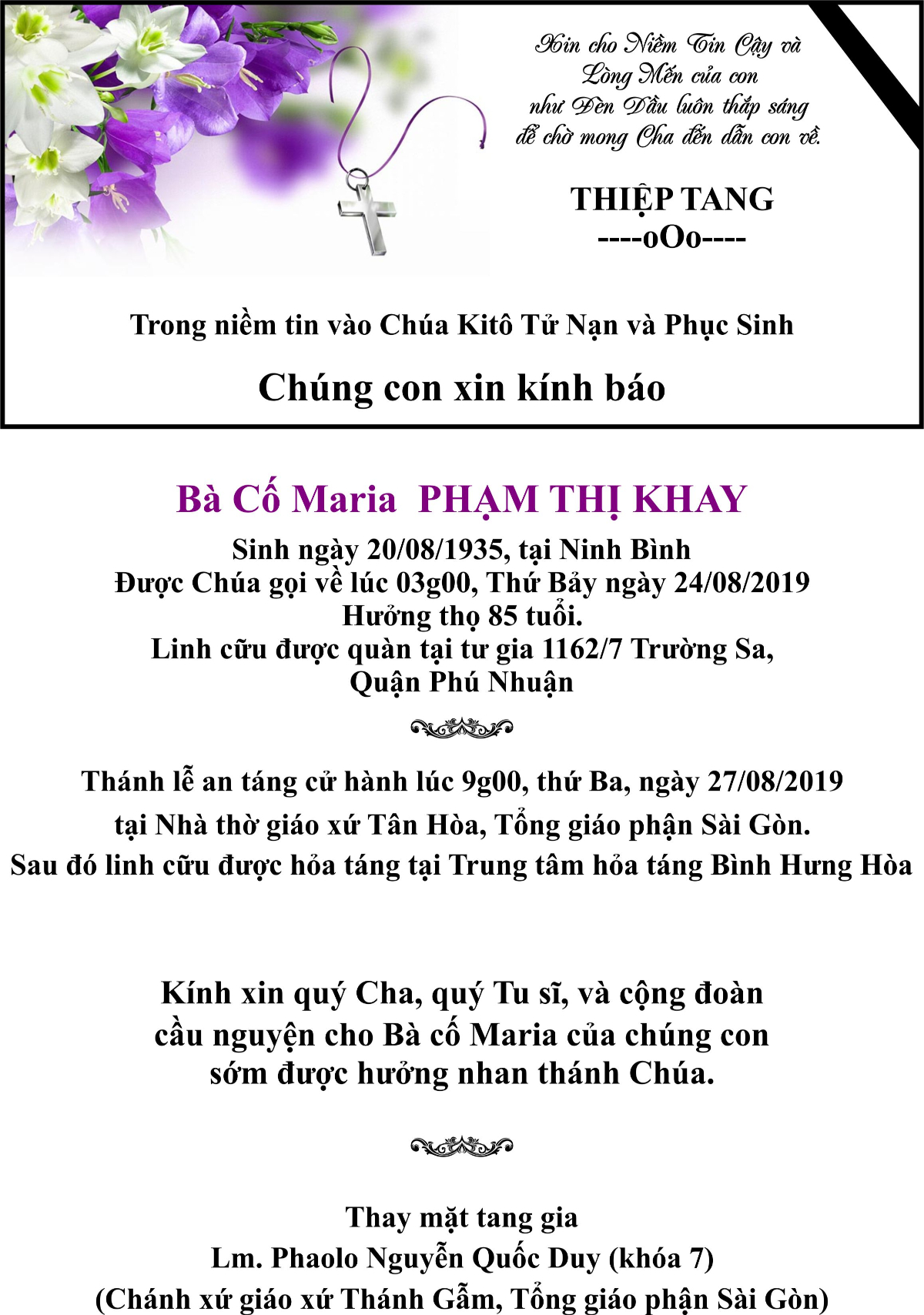 Cáo phó: Thân mẫu của Linh mục Phaolô Nguyễn Quốc Duy, giáo xứ Thánh Gẫm - Bà cố Maria Phạm Thị Khay qua đời