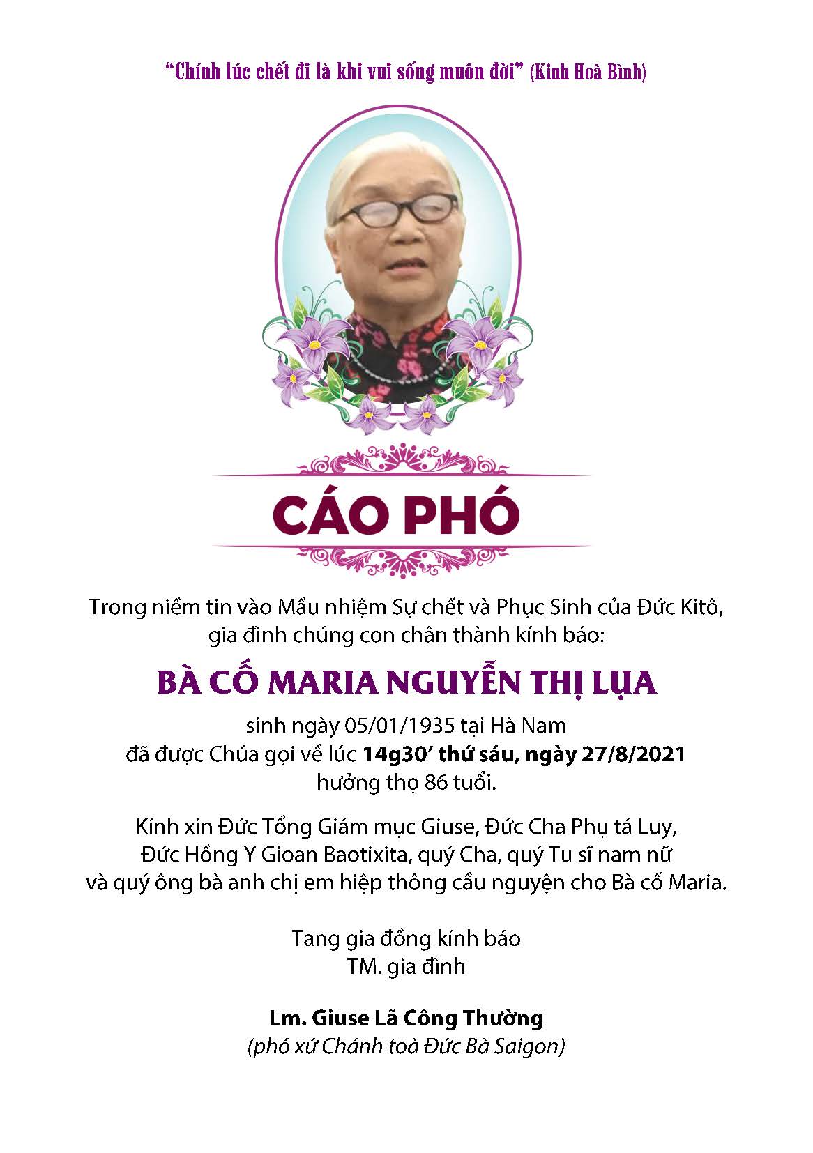 Cáo phó: Thân mẫu của Lm Giuse Lã Công Thường qua đời 27-8-2021