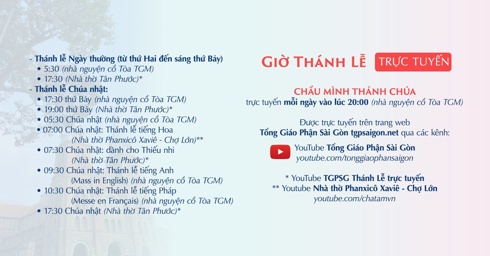 Tổng Giáo phận Sài Gòn: chương trình trực tuyến từ ngày 27.4.2020 đến 03.5.2020